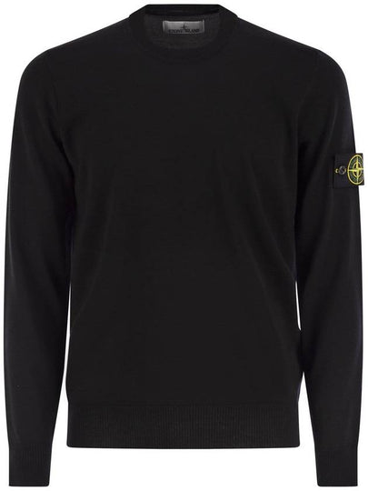 Logo Patch Crewneck Virgin Wool Knit Top Black - STONE ISLAND - BALAAN 2