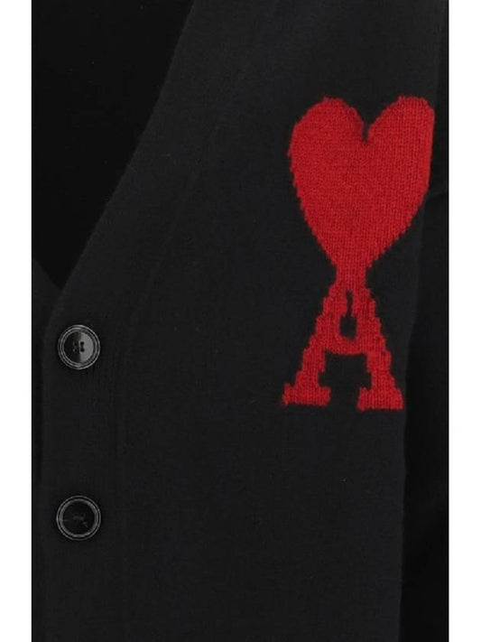 Heart Logo V Neck Wool Cardigan Black - AMI - BALAAN 2