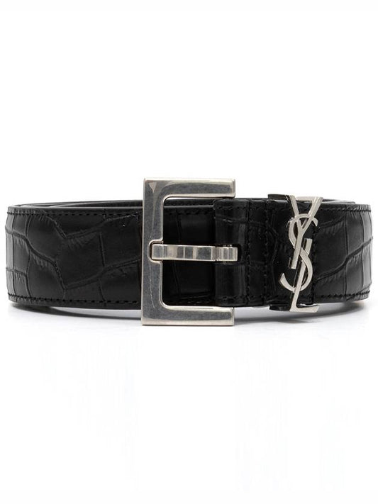 Men's Monogram Matte Crocodile Leather Belt Black - SAINT LAURENT - BALAAN.