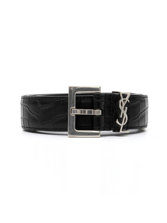 Men's Monogram Matte Crocodile Leather Belt Black - SAINT LAURENT - BALAAN 1