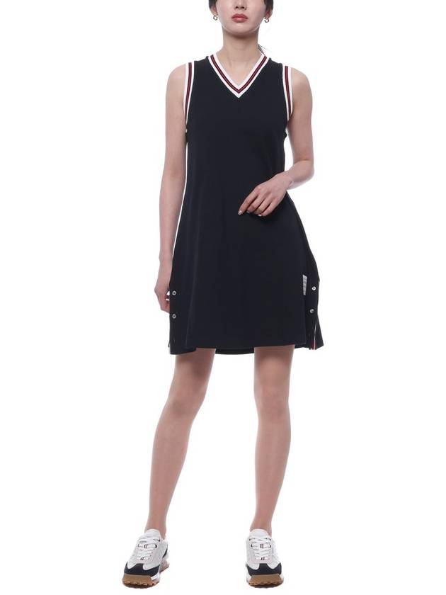 Women's Classic Pique Stripe V-Neck Cotton Tennis Dress Navy - THOM BROWNE - BALAAN 4