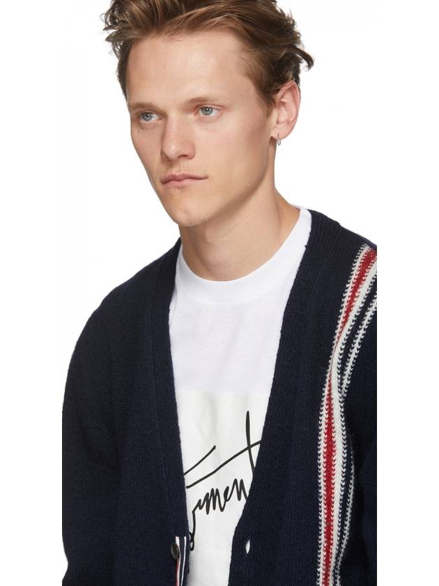 Men's Three Stripes Detail Mohair Cardigan Navy - THOM BROWNE - BALAAN.