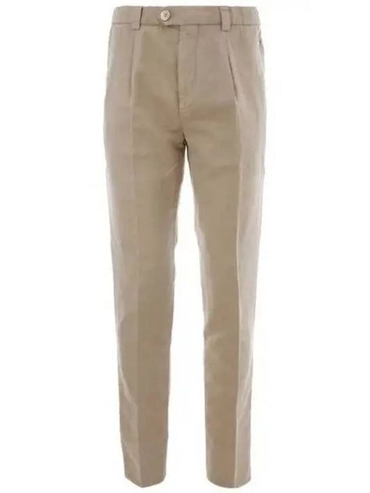 Pleated Detail Linen Straight Pants Deep Beige - BRUNELLO CUCINELLI - BALAAN 2