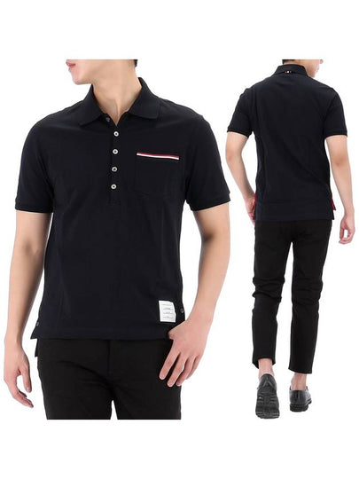 Men's Three Stripes Pocket Mercerized Short Sleeve Polo Shirt Navy - THOM BROWNE - BALAAN 2