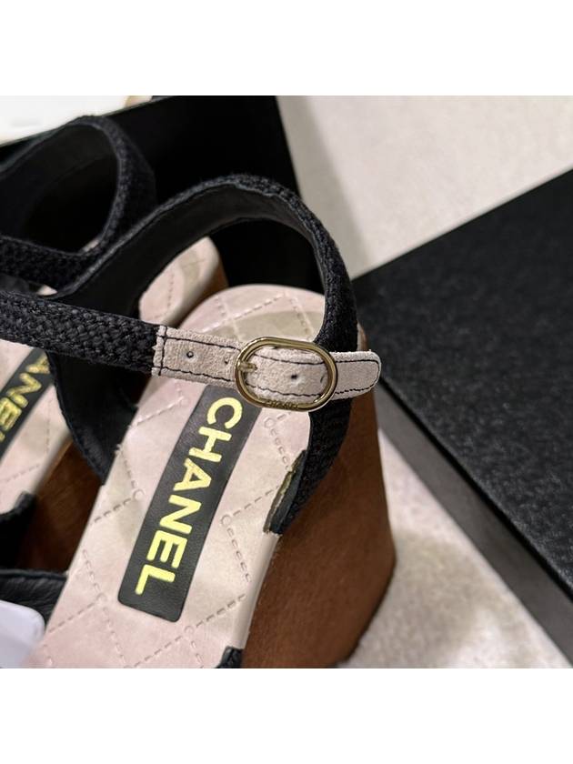 Wood wedge heel sandals fabric calfskin ankle strap CC logo - CHANEL - BALAAN 8