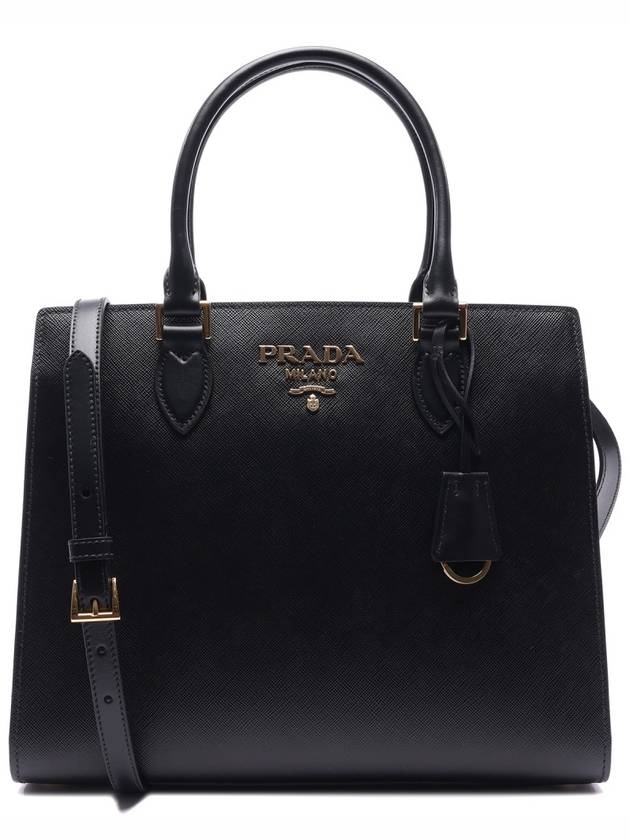 Saffiano Gold Square Leather Tote Bag Black - PRADA - BALAAN 3