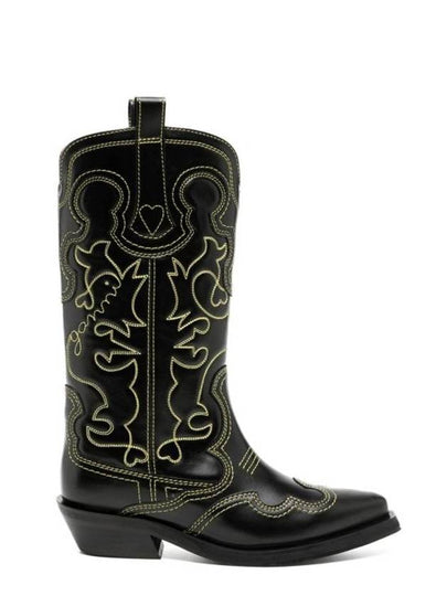 Embroidered Western Leather Middle Boots Black - GANNI - BALAAN 2