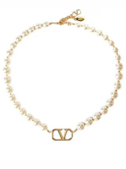 Signature V Logo Pearl Necklace Gold - VALENTINO - BALAAN 2