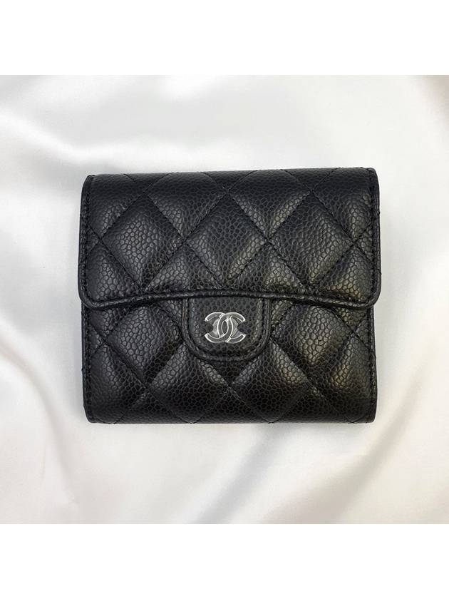 Small Classic Flap Wallet Grained Calfskin Silver Black - CHANEL - BALAAN 5