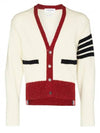 Men's Jersey Stitch Mohair Tweed 4 Lines V-Neck Cardigan White - THOM BROWNE - BALAAN 1