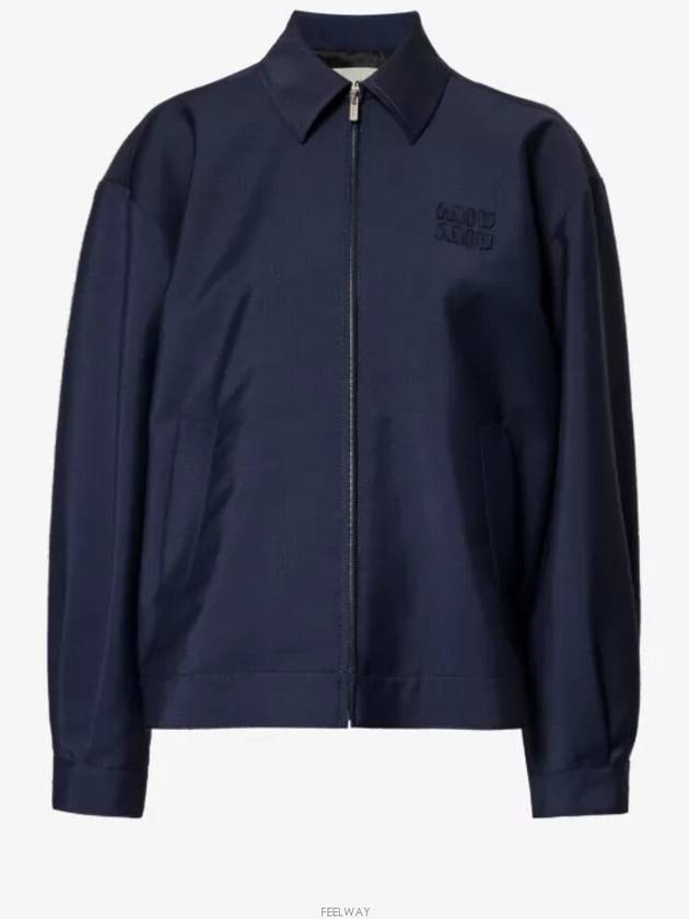 Mohair Embroidered Logo Wool Zip-up Jacket Navy - MIU MIU - BALAAN 6