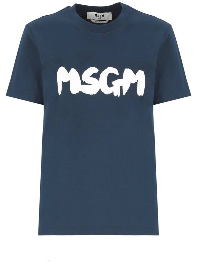 Brushed Logo Cotton Short Sleeve T-Shirt Navy - MSGM - BALAAN 4