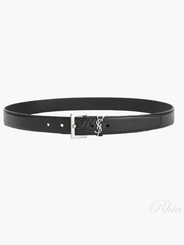 Grained Leather Silver Monogram Belt Black - SAINT LAURENT - BALAAN 2