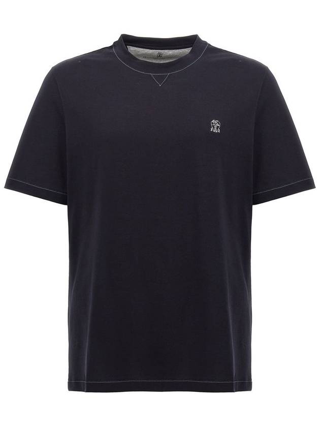 Embroidered Logo Short Sleeve T-Shirt Dark Blue - BRUNELLO CUCINELLI - BALAAN 2