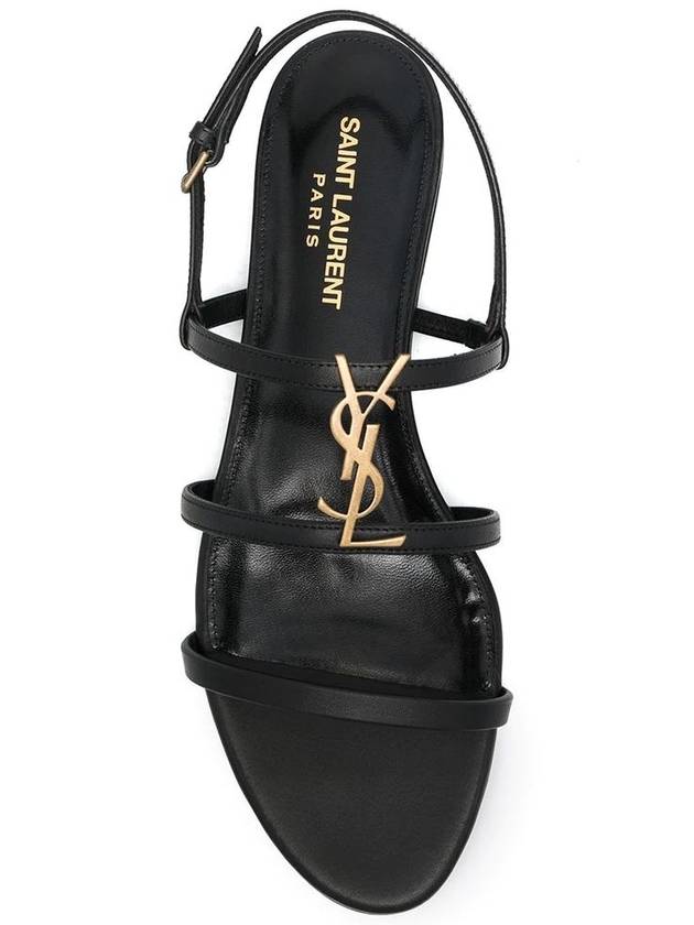 Women's Smooth Leather Gold Tone Monogram Detail Cassandra Flat Sandals Black - SAINT LAURENT - BALAAN 4