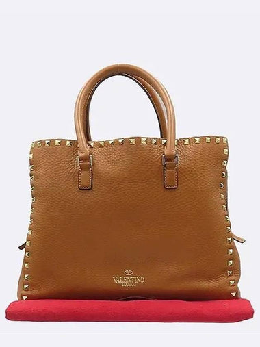 Brown leather stud embellished tote bag - VALENTINO - BALAAN 1