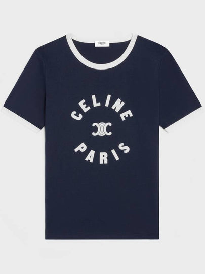 Flocking Logo Cotton Short Sleeve T-Shirt Navy - CELINE - BALAAN 2