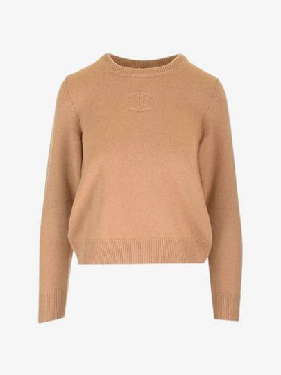 Triomphe Jacquard Crew Neck Heritage Cashmere Knit Top Camel - CELINE - BALAAN 2