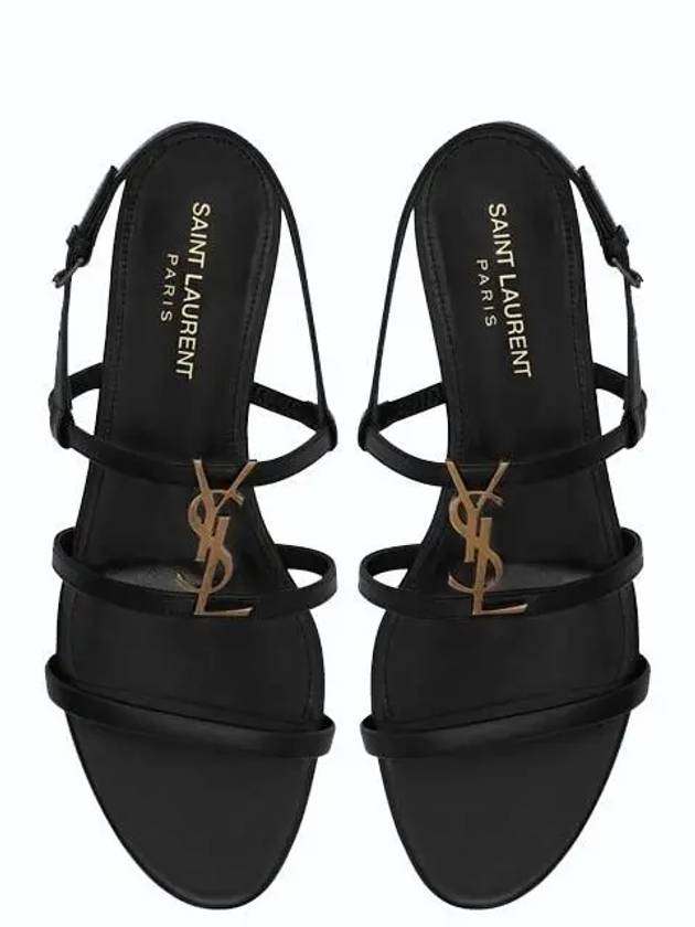 Women's Smooth Leather Gold Tone Monogram Detail Cassandra Flat Sandals Black - SAINT LAURENT - BALAAN 2