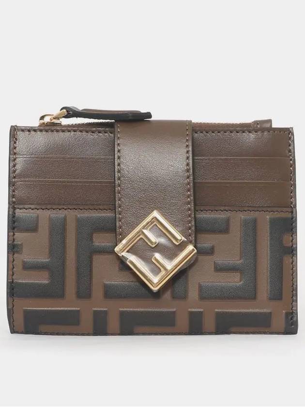 FF Diamond Embossed Logo Zip Card Holder Brown - FENDI - BALAAN 3