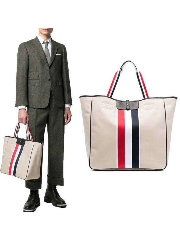 Khaki Canvas Jacquard Striped Hunting Tote Bag Natural - THOM BROWNE - BALAAN 2