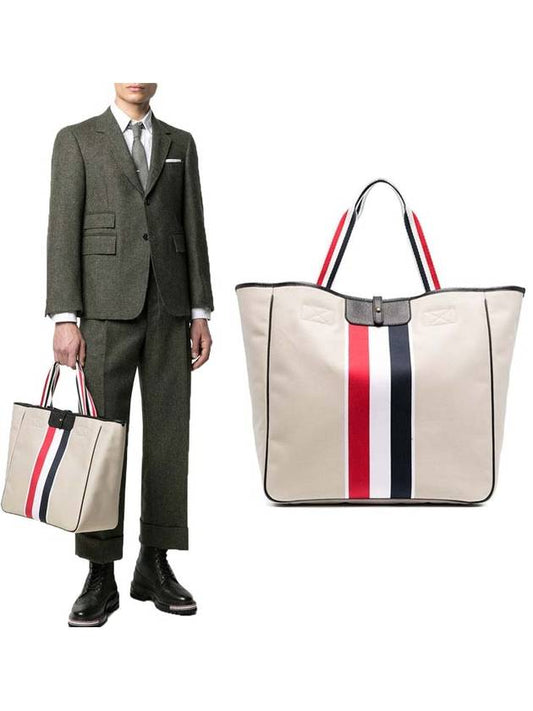 Khaki Canvas Jacquard Striped Hunting Tote Bag Natural - THOM BROWNE - BALAAN 2