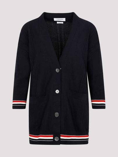 High Twist Cotton Oversized Long Cardigan Navy - THOM BROWNE - BALAAN 2