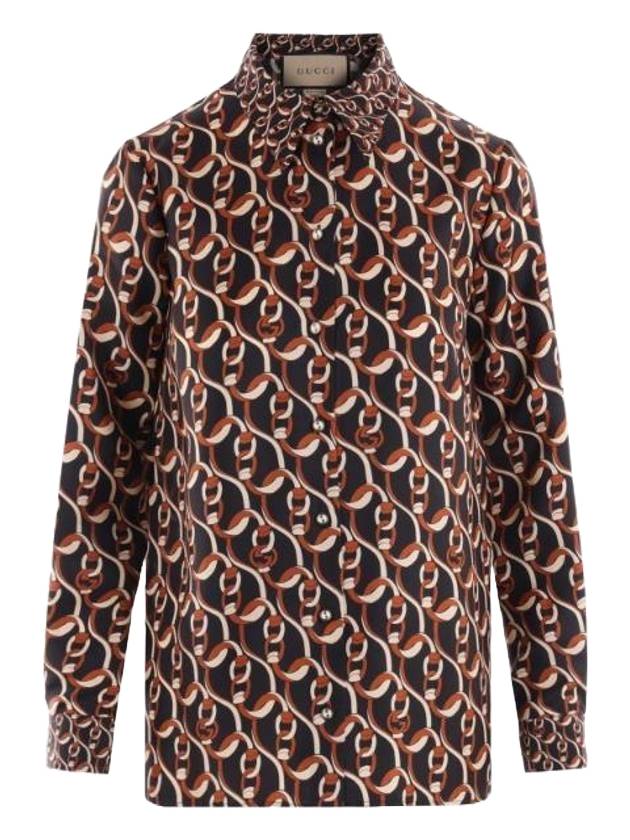 Women's Interlocking G Chain Print Silk Shirt Brown - GUCCI - BALAAN 1