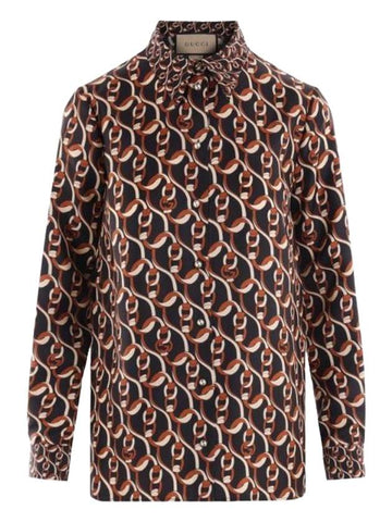 Women's Interlocking G Chain Print Silk Shirt Brown - GUCCI - BALAAN 1