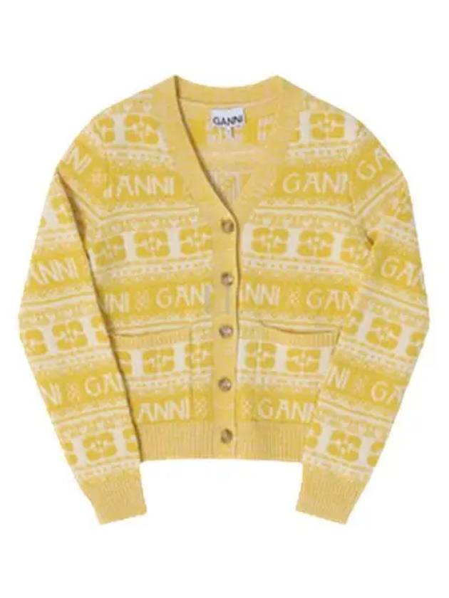 Intarsia Logo Wool V-Neck Cardigan Yellow - GANNI - BALAAN 2