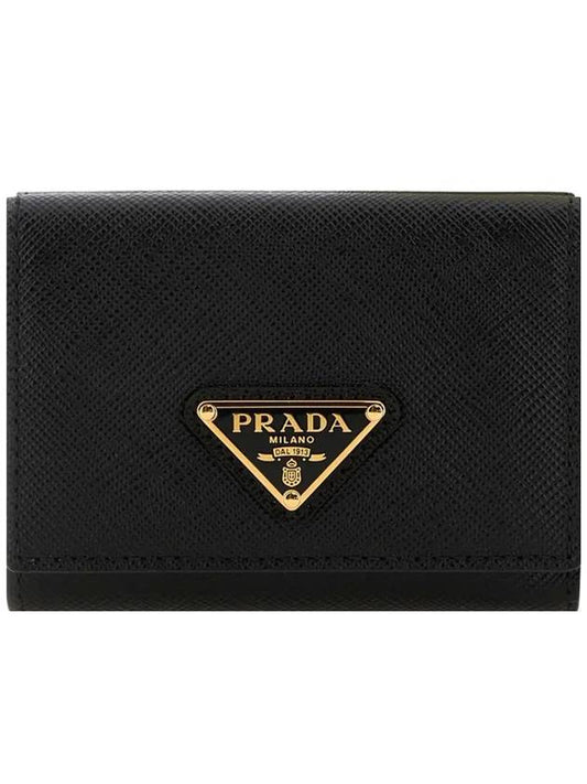 Women's Triangle Logo Saffiano Compact Half Wallet Black - PRADA - BALAAN 2