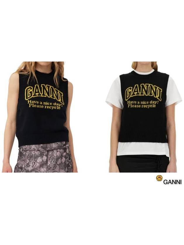 Intarsia Graphic Crewneck Vest Black - GANNI - BALAAN 6