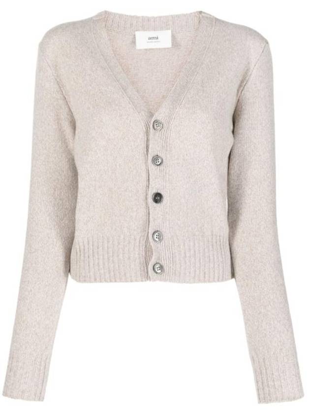 Embroidered Heart Logo Cashmere Cardigan Champagne - AMI - BALAAN 2