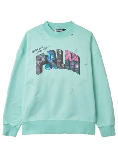 Graphic Print Crew Neck Sweatshirt Light Blue - PALM ANGELS - BALAAN 1