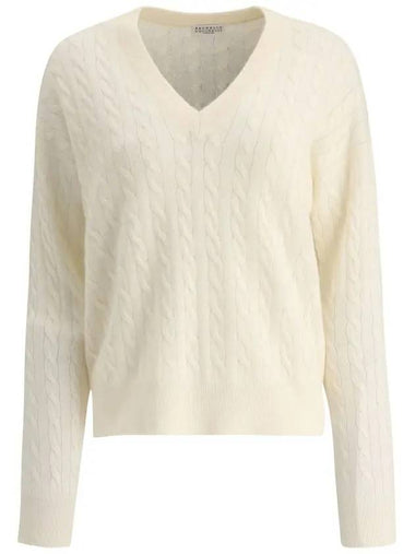 Women's V-neck Cable Knit Top White - BRUNELLO CUCINELLI - BALAAN 1