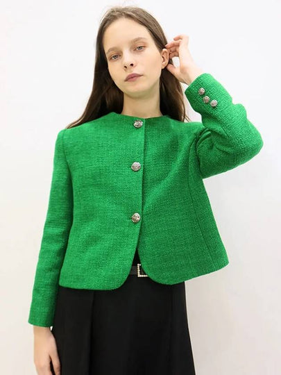 Round Neck Tweed Jacket Green - DAMAGE MNEMONIC - BALAAN 2