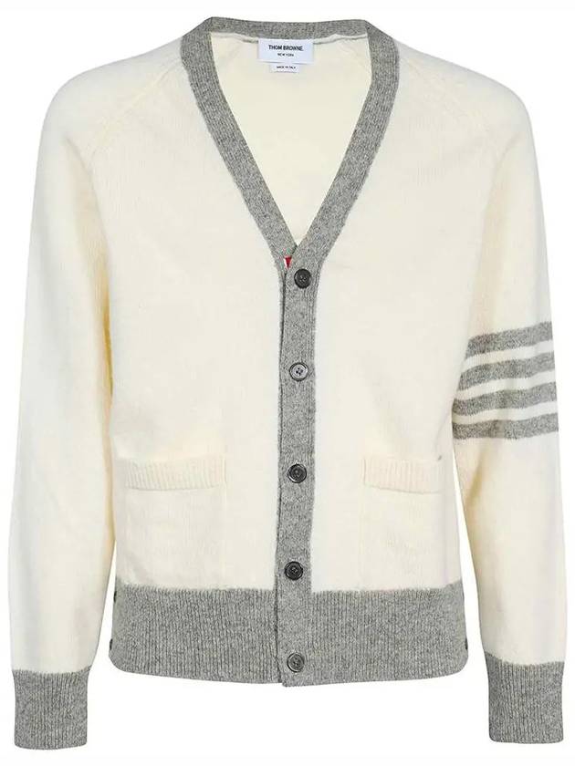 V-Neck 4-Bar Wool Cardigan White - THOM BROWNE - BALAAN 3