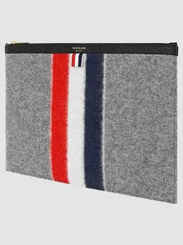 Men's Three Stripes Boiled Wool Stripe Zipper Document Holder Clutch Bag Medium Grey - THOM BROWNE - BALAAN 4