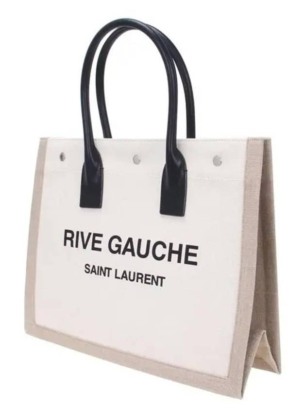 Rive Gauche Logo Linen Leather Small Tote Bag Beige - SAINT LAURENT - BALAAN 3