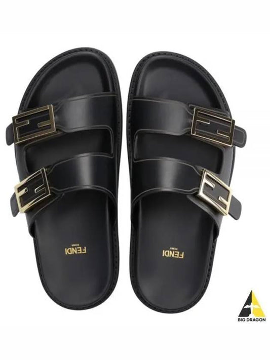 Women's FF Leather Fill Flat Sandals Slippers Black - FENDI - BALAAN 2