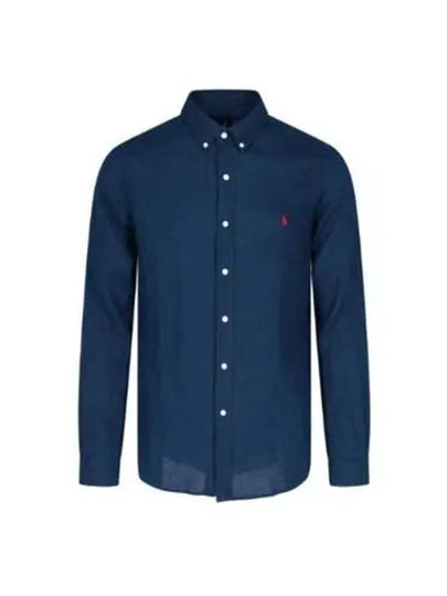 Embroidered Pony Linen Long Sleeve Shirt Navy - POLO RALPH LAUREN - BALAAN 2