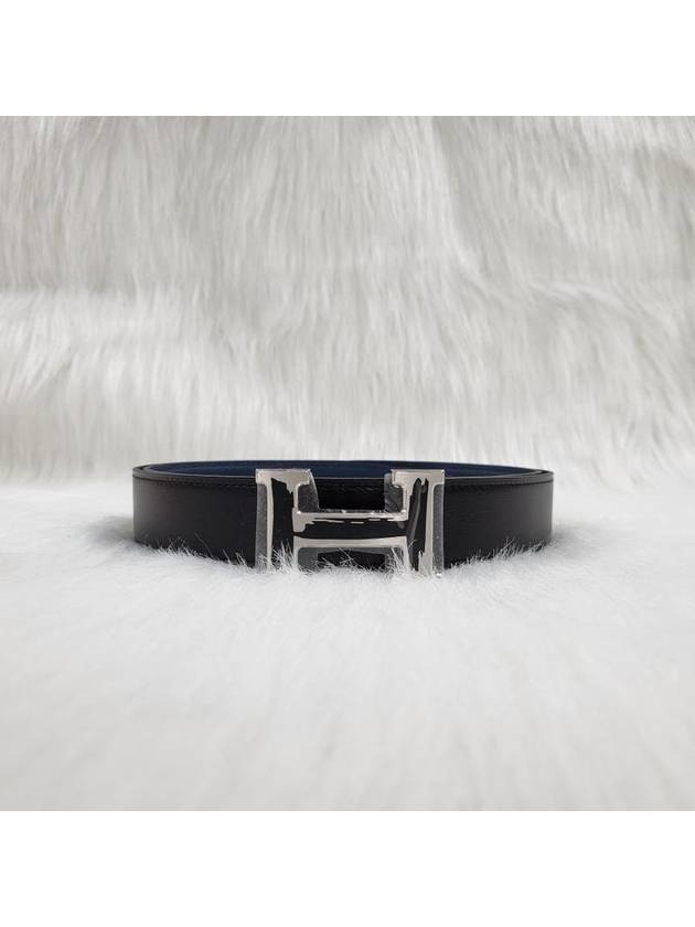 Men's Brush Buckle Reversible 32MM Leather Belt Noir Blue - HERMES - BALAAN 3