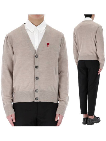 Red Heart Logo Merino Wool Cardigan Beige - AMI - BALAAN 2