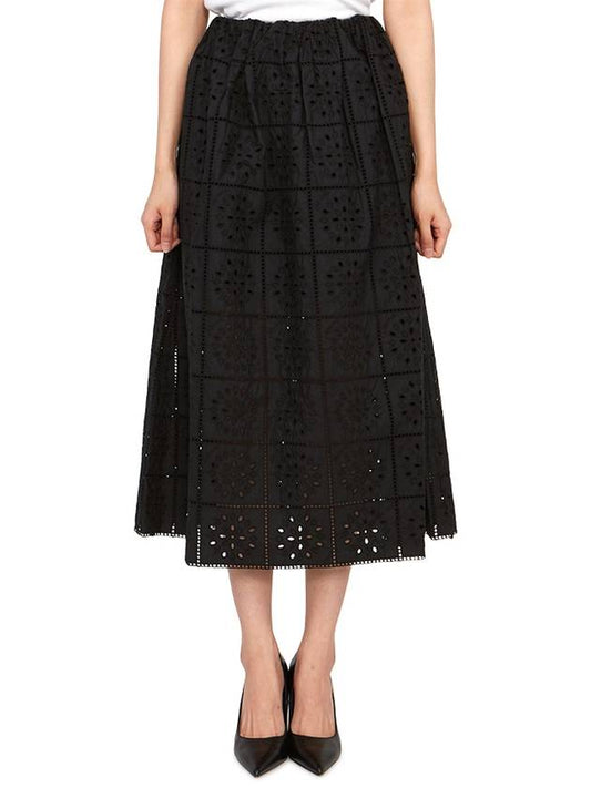 Embroidered Anglaise Midi Cotton A-Line Skirt Black - GANNI - BALAAN.