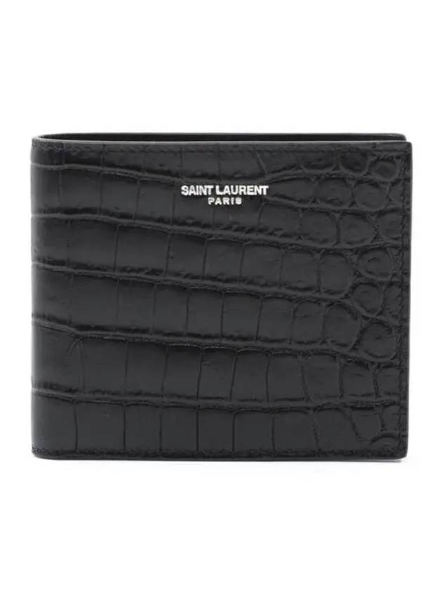 Crocodile Embossed Leather Half Wallet Black - SAINT LAURENT - BALAAN 2