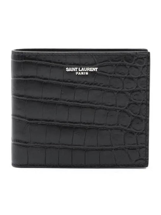 Crocodile Embossed Leather Half Wallet Black - SAINT LAURENT - BALAAN 2