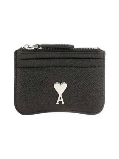 Metal Logo Zipper Leather Card Wallet Black - AMI - BALAAN 2