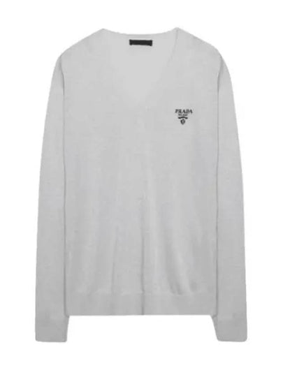 Logo Silk V-Neck Knit Top Grey - PRADA - BALAAN 2