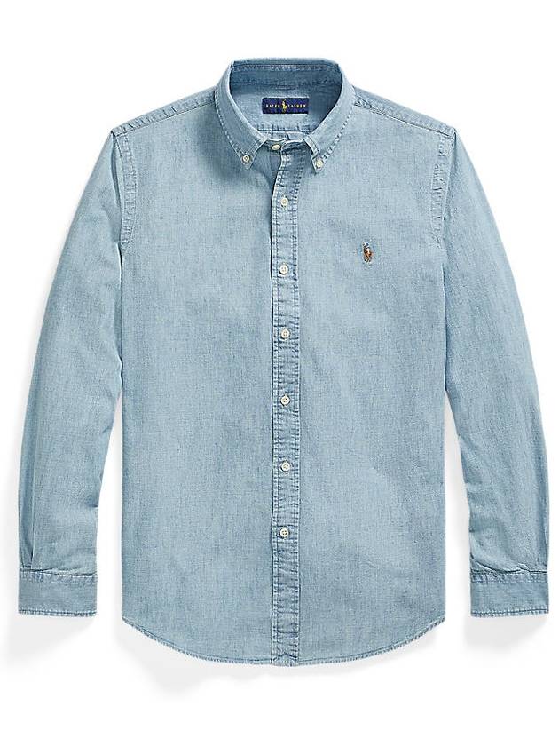 Men's Embroidered Logo Custom Fit Chambray Long Sleeve Shirt Blue - POLO RALPH LAUREN - BALAAN 2