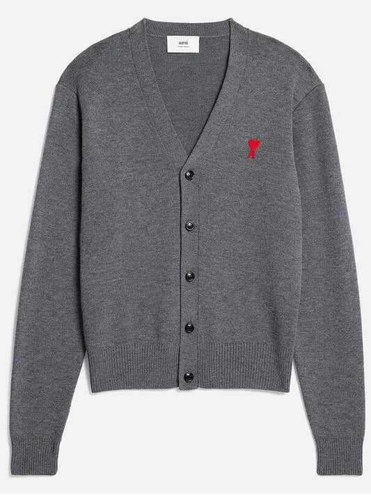 Small Heart Logo Wool Merino Cardigan Heather Grey - AMI - BALAAN 2